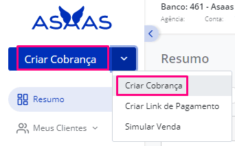 Imagem mostra atalho para criar cobrança no aplicativo do Asaas