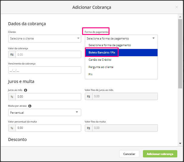 A imagem mostra a página de selecionar e adicionar o tipo de cobrança, trazendo opões como boleto, Pix ou cartão.