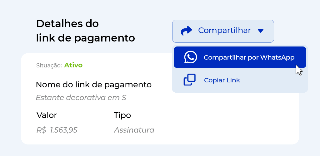 Interface do Asaas na criação do link de pagamento. Quarta etapa: Compartilhe com seu cliente