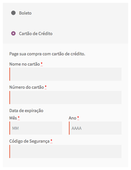 na imagem temos um Exemplo de checkout transparente, nele tem os campos de preenchimento de forma  de pagamento (está selecionado catão de crédito). Nome do cartão; número do cartão; data de expiração; ano; código de segurança.