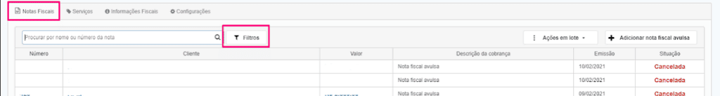 status de emissão de nota fiscal asaas