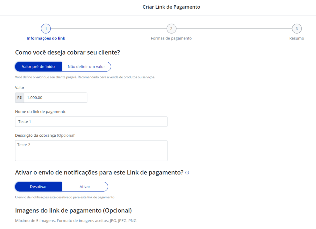 Tela de preenchimento de dados para gerar link de pagamento Asaas