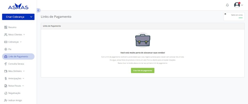 Tela de acesso para gerar link de pagamento Asaas