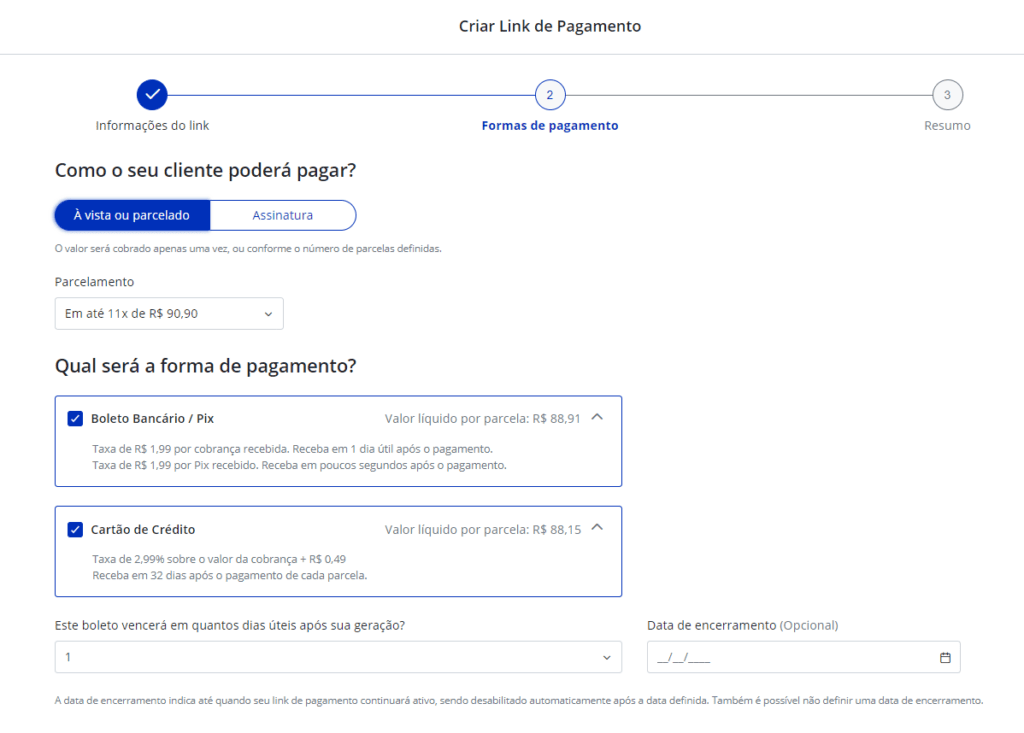 Tela de escolha de pagamento para gerar link de pagamento Asaas