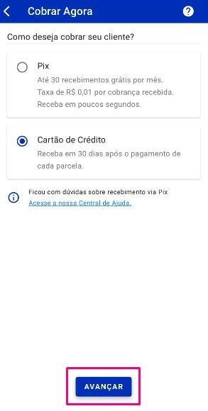 Abra o app do Asaas e acesse o Menu lateral, Cobrar Agora, selecione a forma de pagamento e clique no botão Avançar. Preencha as informações solicitadas e vire o dispositivo para o pagador inserir os dados do cartão ou ler o QR Code do Pix.