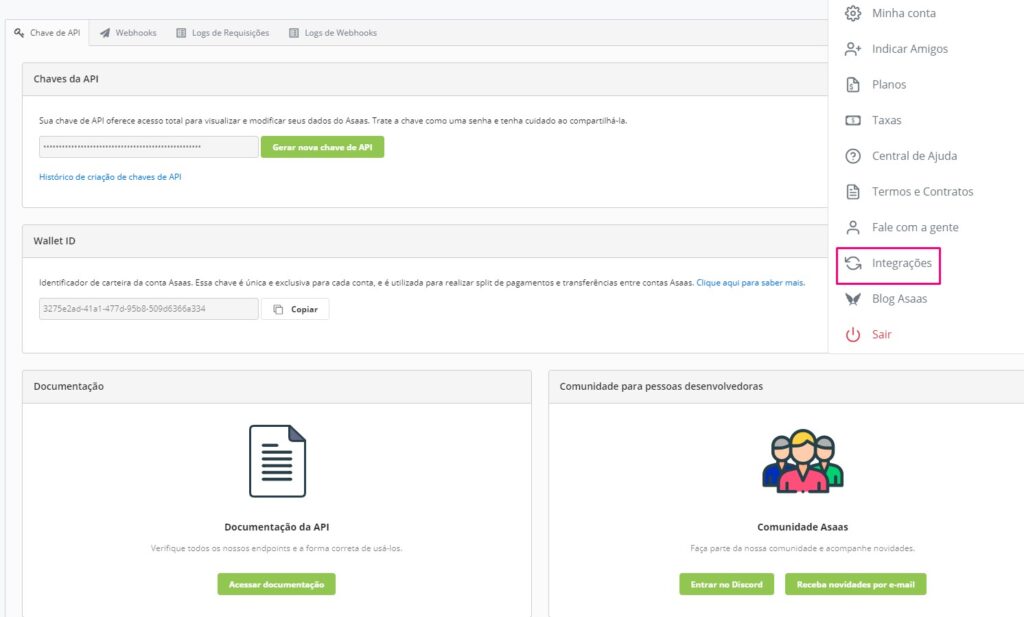 tela de integração API no asaas