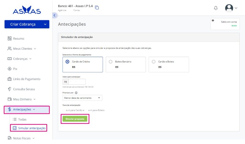 tela de solicitação de antecipação de recebíveis asaas.