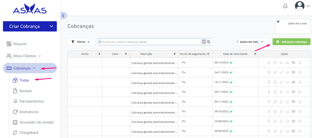 tela de criação de cobrança por pix asaas