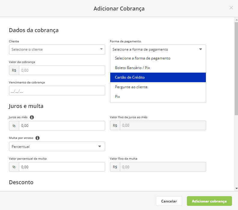 tela adicionar cobranca forma de pagamento Asaas