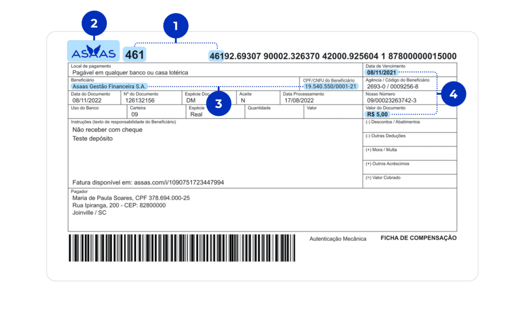 A imagem mostra um boleto emitido pelo Asaas, apontando os campos importantes para entender como saber se o boleto é falso.