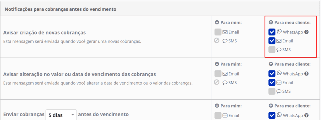 A imagem mostra a confirmação das opções de envio da notificação de cobrança do Asaas e quando será enviada (antes do vencimento, faturas vencidas e pagas) 