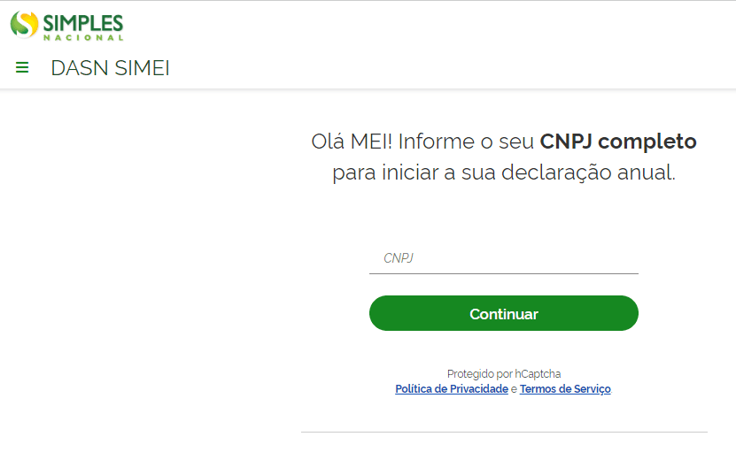 pagina inicial do simples nacional para preenchimento do cnpj para declaração anual de faturamento.