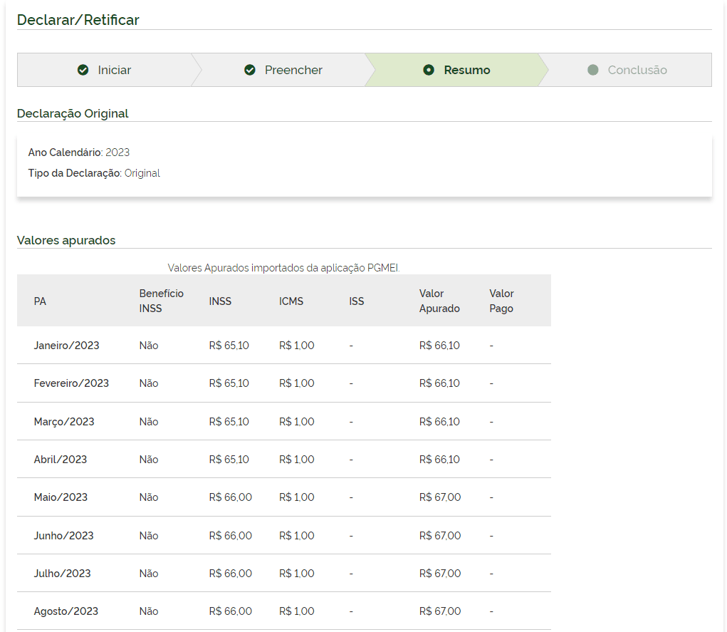 página de revisão da declaração de faturamento anual mei.