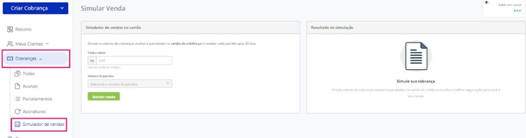 A imagem mostra a tela de cobrança do Asaas, destacando a função de simulador de vendas.