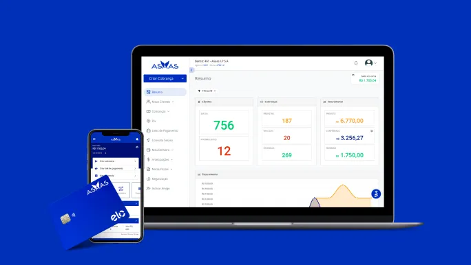 Cartão, conta do Asaas na tela do computador e celular, representando o universo Asaas.